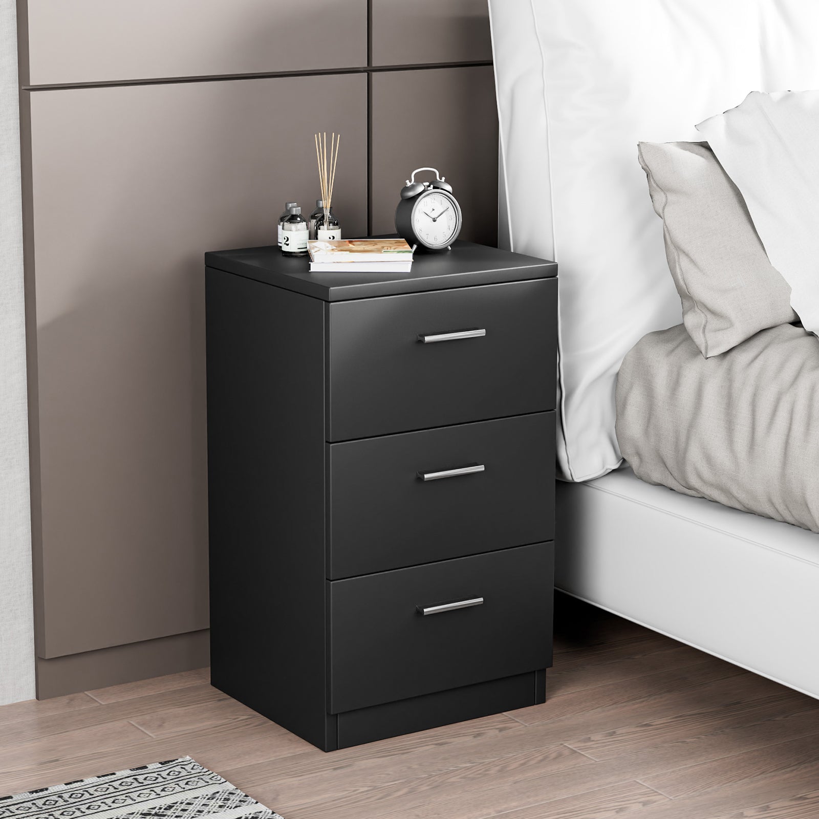 Space-saving Night Chest with 3 Drawers and Handles for Bedroom-Black