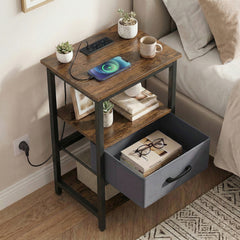 Nightstand Bedside Table with Charging Station and Drawer-Rustic Brown