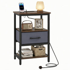 Nightstand Bedside Table with Charging Station and Drawer-Rustic Brown