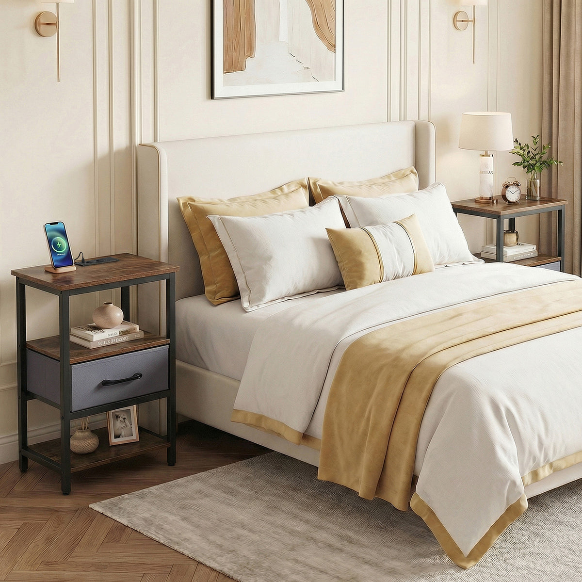Nightstand Bedside Table with Charging Station and Drawer-Rustic Brown