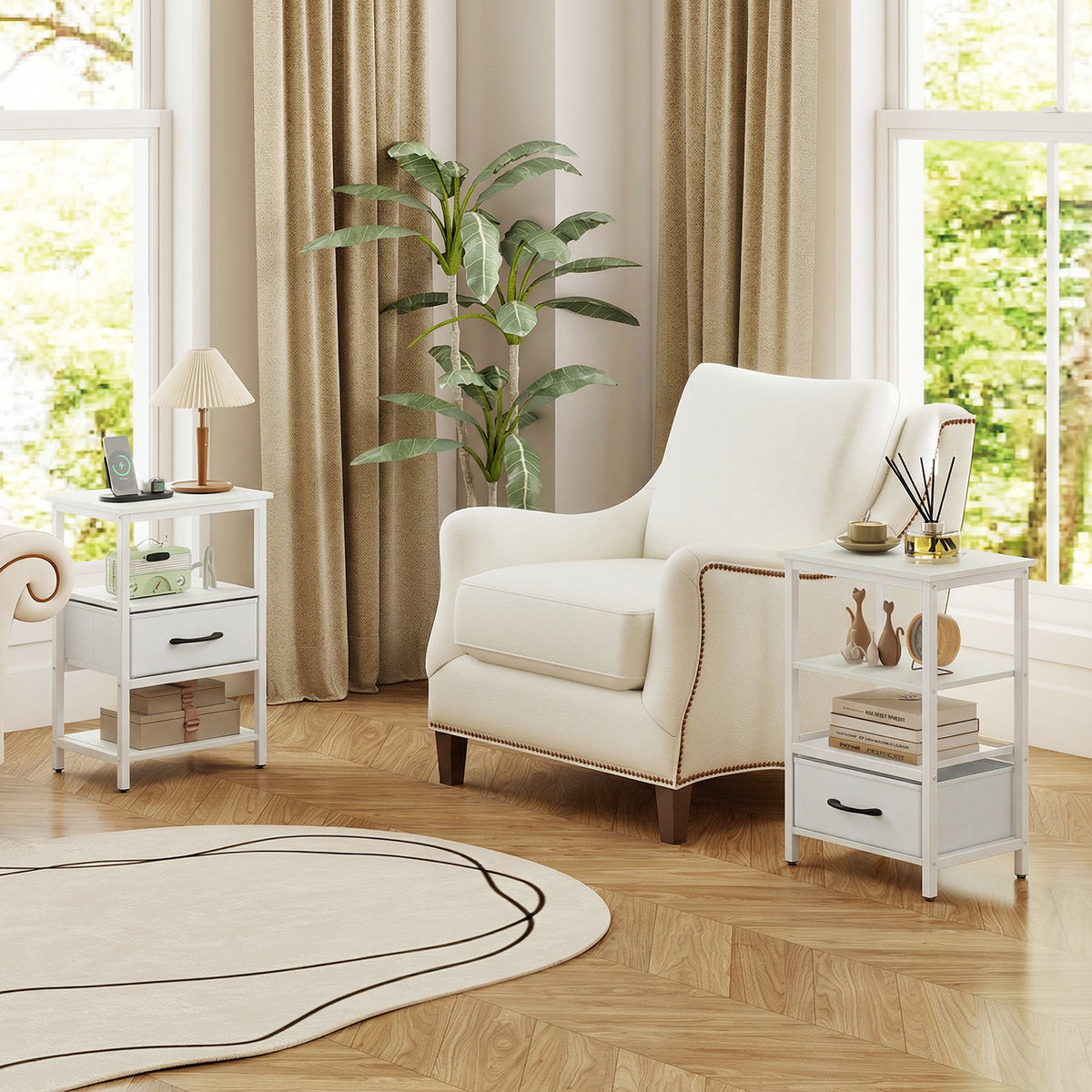 Nightstand Bedside Table with Charging Station and Drawer-White