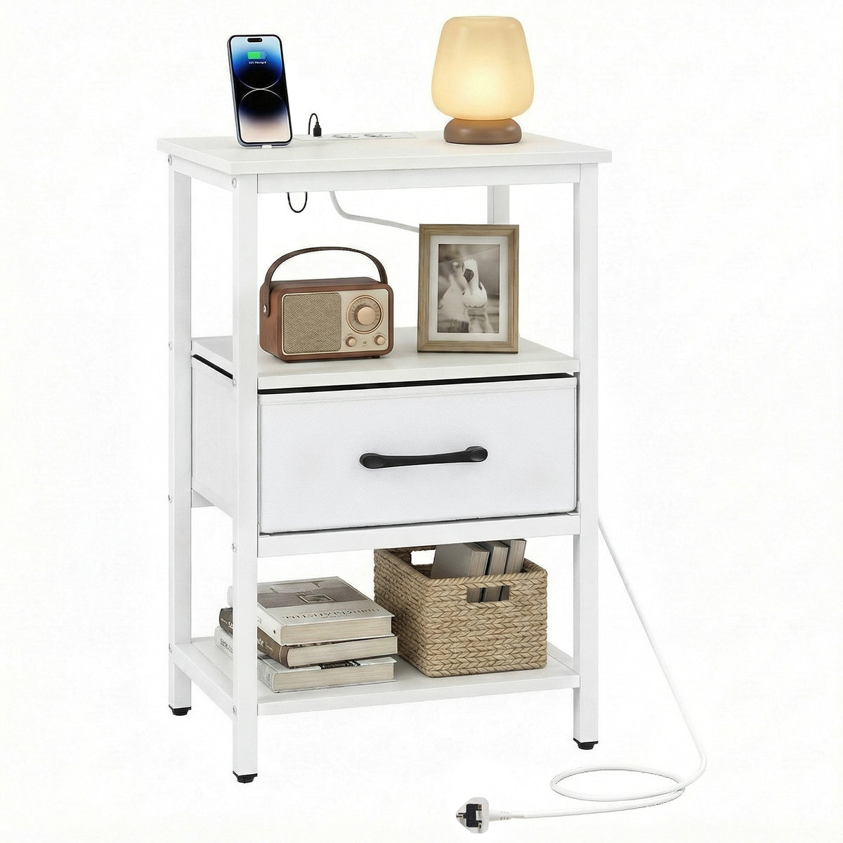 Nightstand Bedside Table with Charging Station and Drawer-White