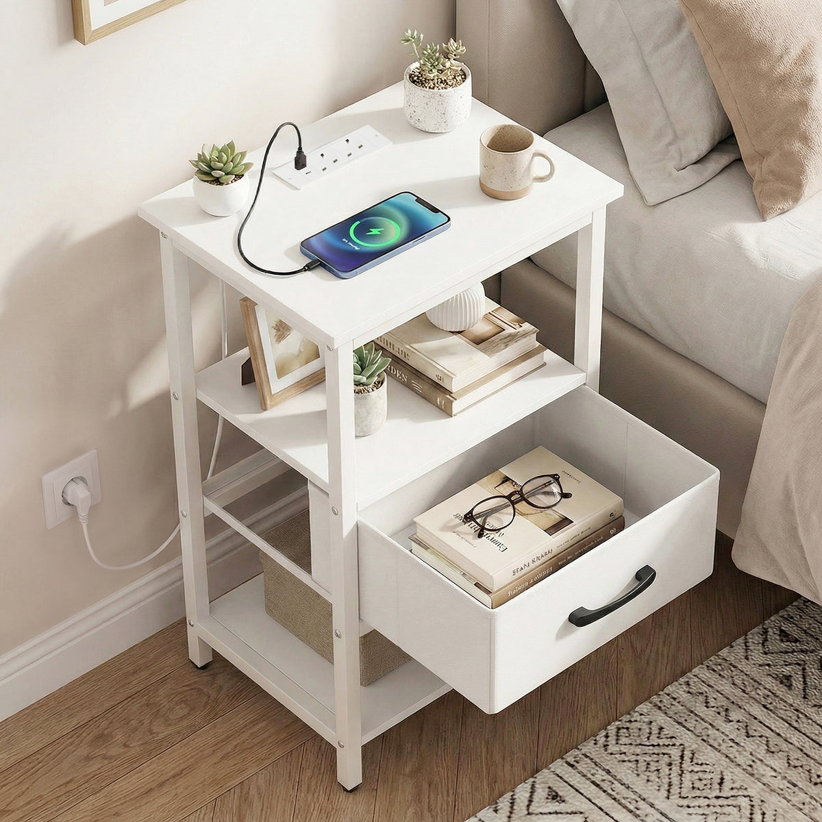 Nightstand Bedside Table with Charging Station and Drawer-White