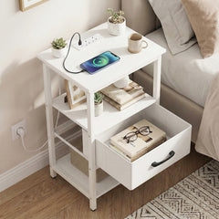 Nightstand Bedside Table with Charging Station and Drawer-White