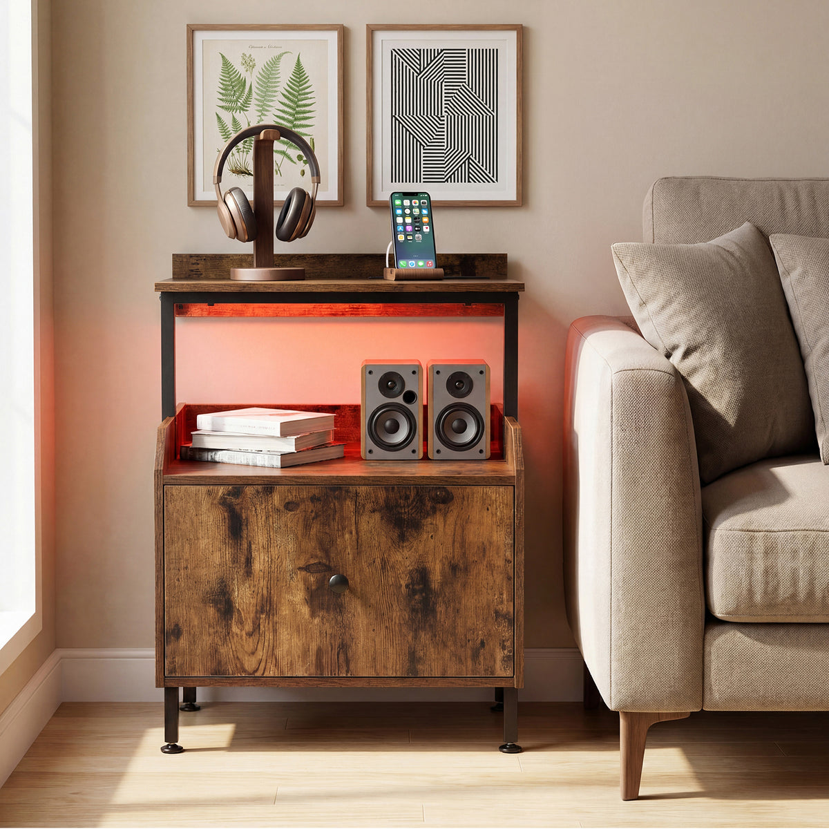 Nightstand Bedside Table with Charging Station and LED Light-Rustic Brown