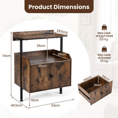 Nightstand Bedside Table with Charging Station and LED Light-Rustic Brown
