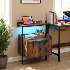 Nightstand Bedside Table with Charging Station and LED Light-Rustic Brown