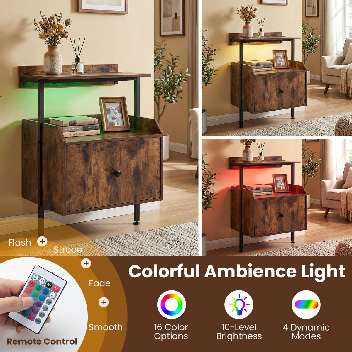 Nightstand Bedside Table with Charging Station and LED Light-Rustic Brown