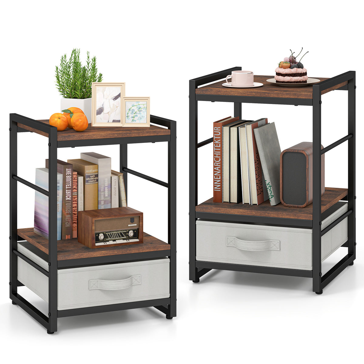 The nightstands styled with various home accessories like plants books and a small radio