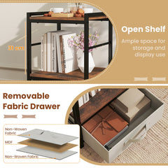 The open shelf and the removable fabric drawer showing the internal storage space and layers