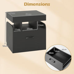 Dimensions diagram for a black bedside table with drawer and shelf