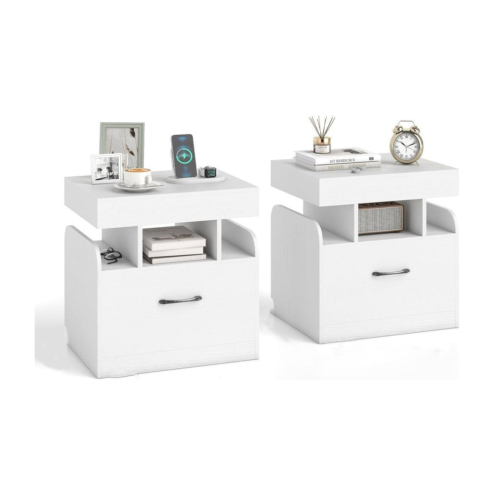 Nightstand with Charging Station Set of 2 with Drawer and Sliding Top Storage-White, two white bedside tables with charging