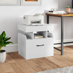 White bedside table with drawer and open shelf used as an office cabinet