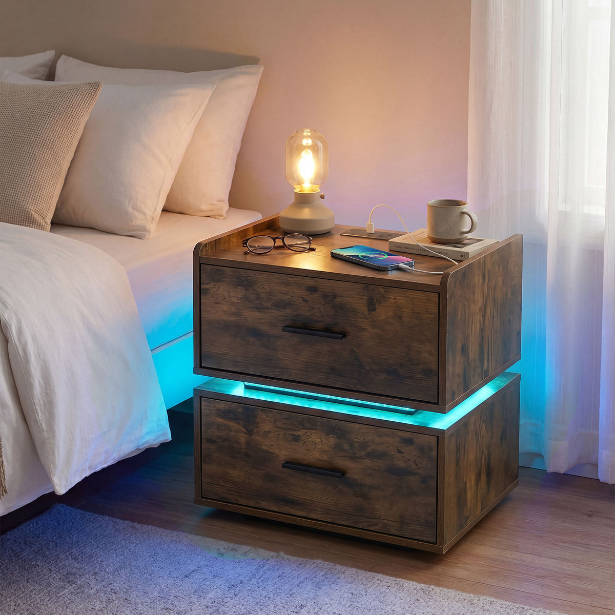 Nightstand with Charging Station and 2 Storage Drawers-Rustic Brown