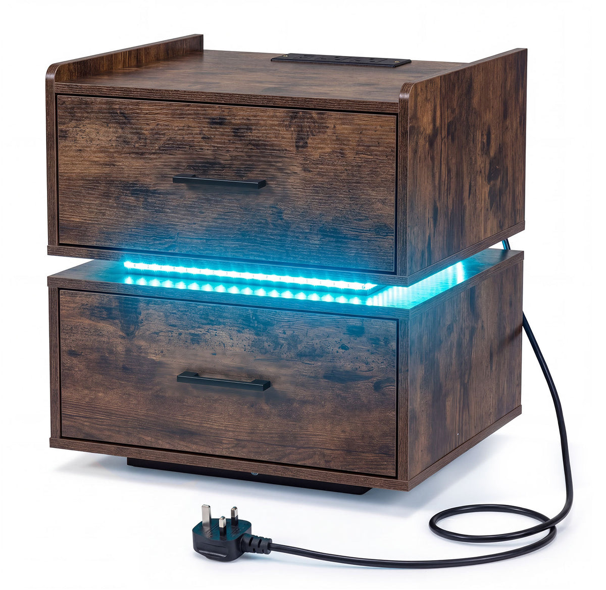 Nightstand with Charging Station and 2 Storage Drawers-Rustic Brown