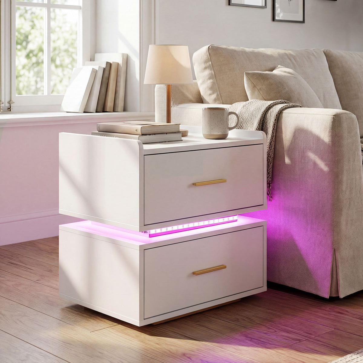 Nightstand with Charging Station and 2 Storage Drawers-White
