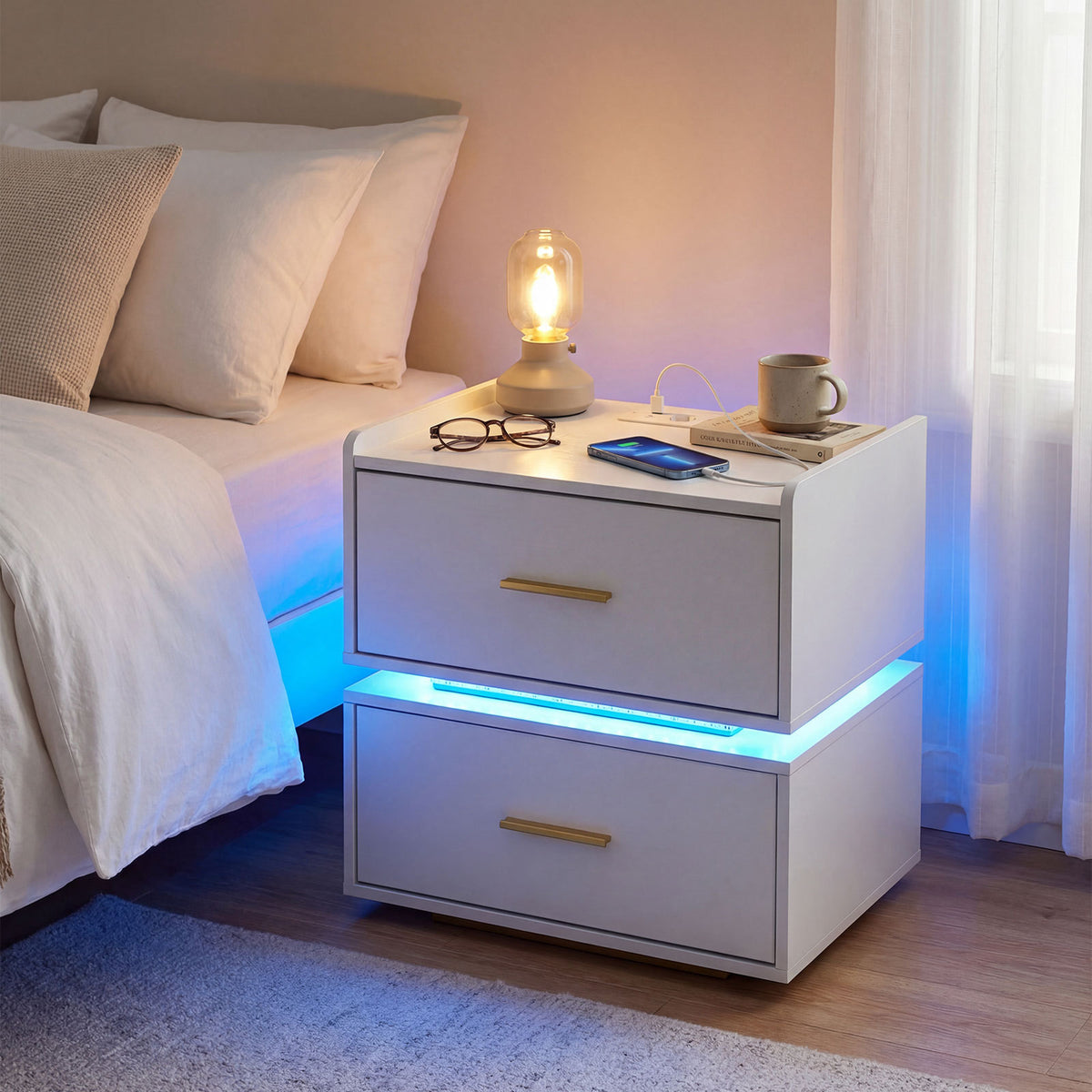 Nightstand with Charging Station and 2 Storage Drawers-White