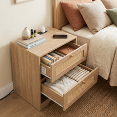 Nightstand with Charging Station and Open Storage for Bedroom-Oak