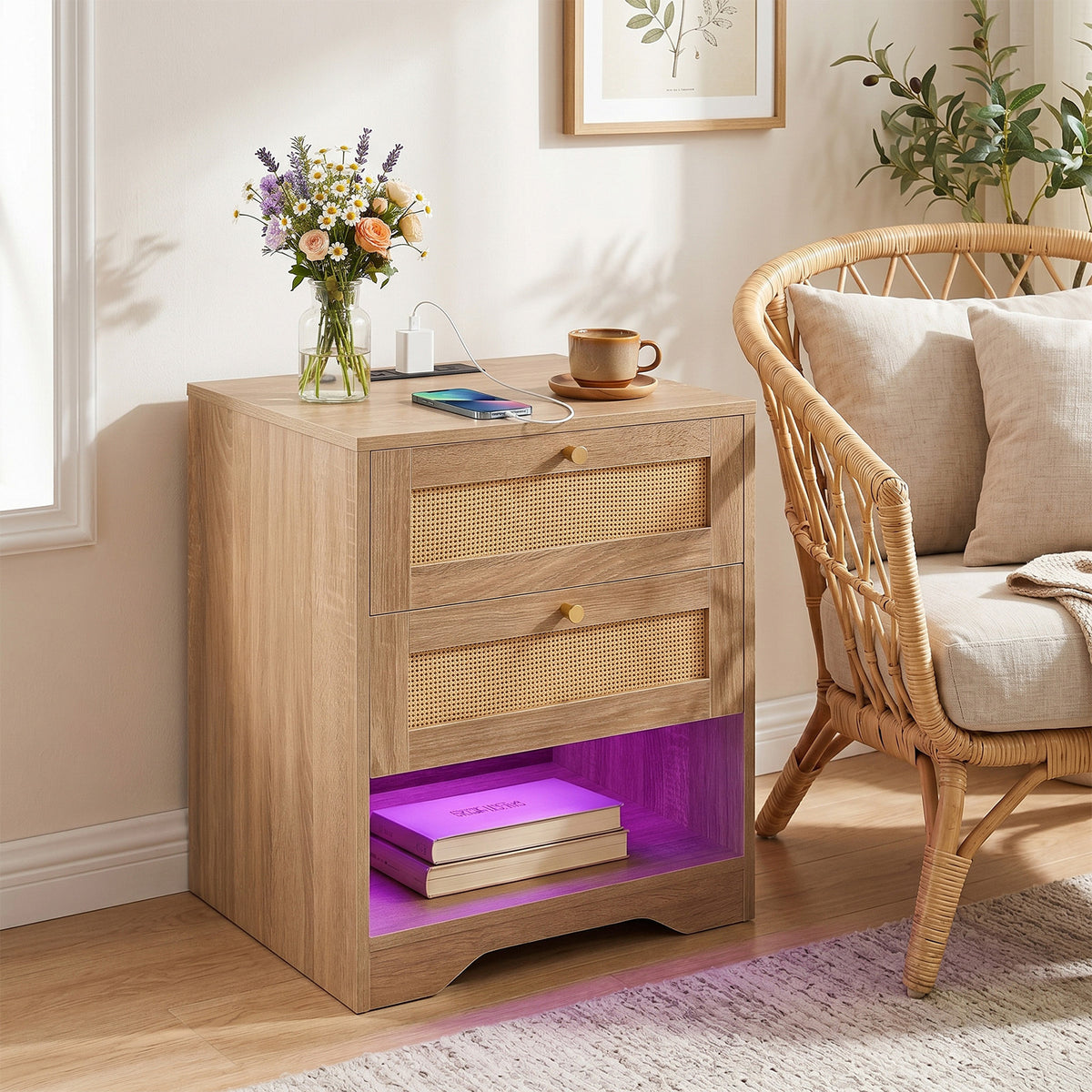 Nightstand with Charging Station and Open Storage for Bedroom-Oak