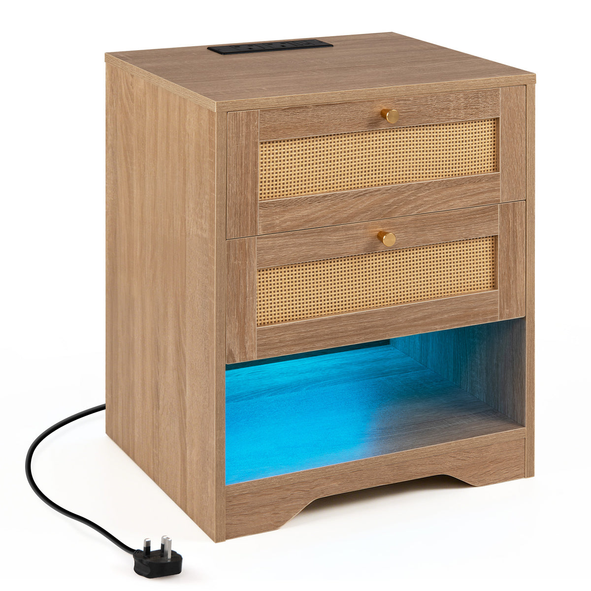 Nightstand with Charging Station and Open Storage for Bedroom-Oak