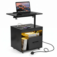 Nightstand with Charging Station and Rotatable Tabletop on Wheels for Bedroom-Black