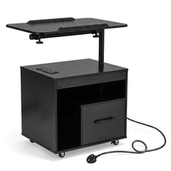 Nightstand with Charging Station and Rotatable Tabletop on Wheels for Bedroom-Black