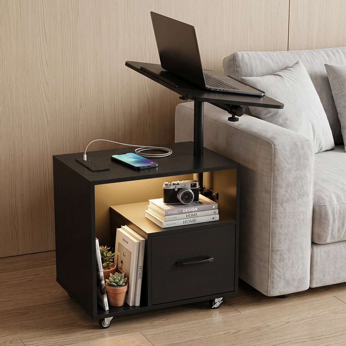 Nightstand with Charging Station and Rotatable Tabletop on Wheels for Bedroom-Black