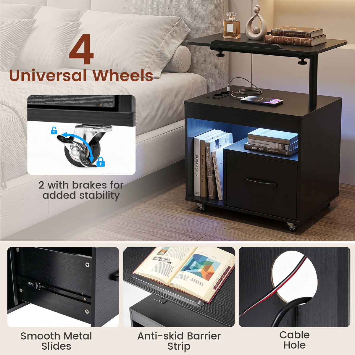 Nightstand with Charging Station and Rotatable Tabletop on Wheels for Bedroom-Black