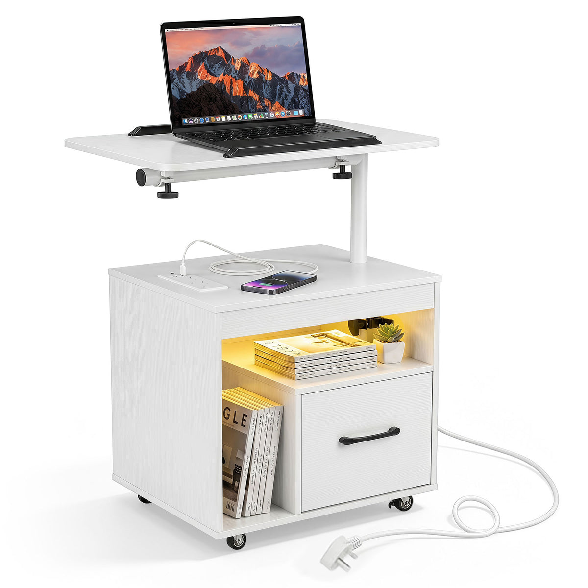 Nightstand with Charging Station and Rotatable Tabletop on Wheels for Bedroom-White