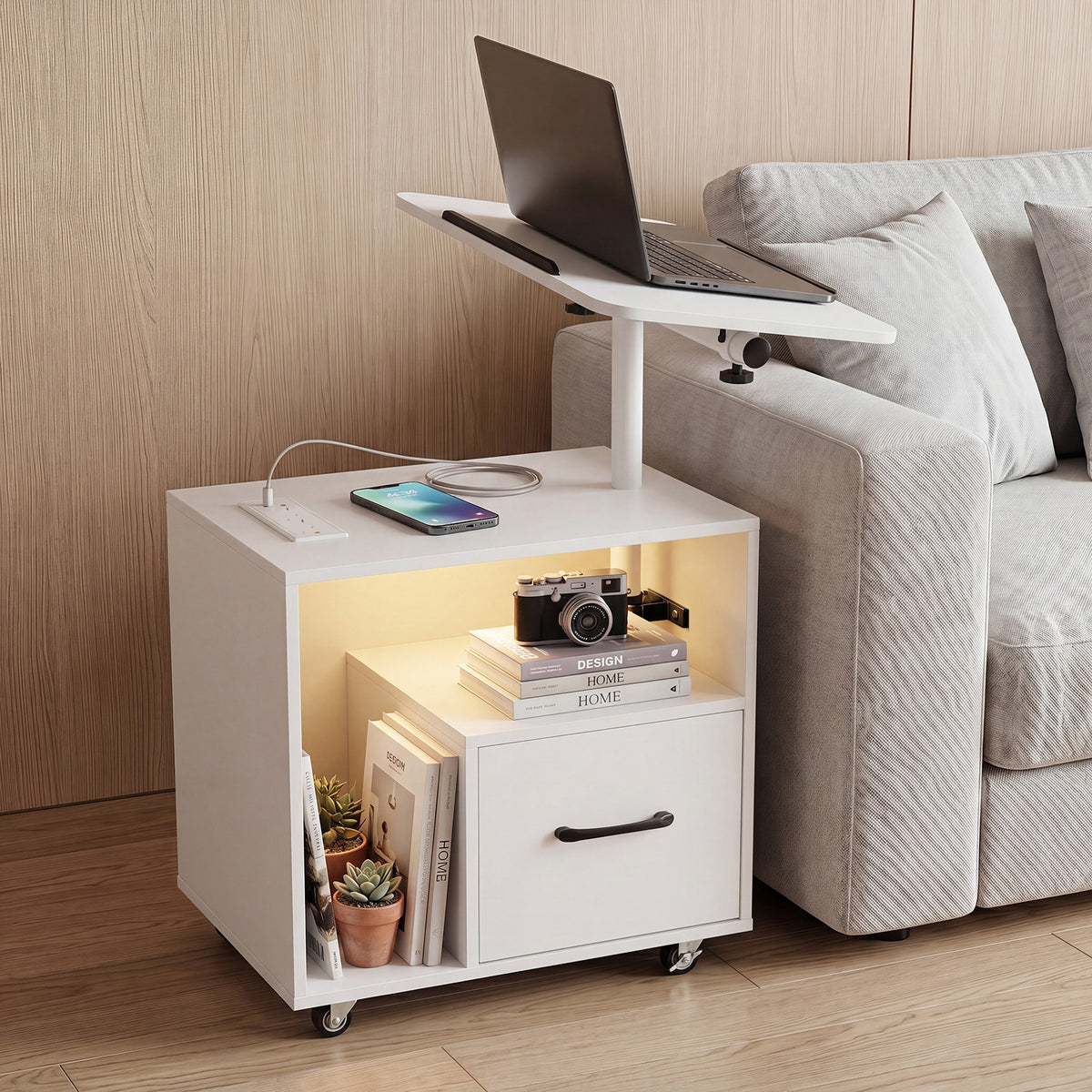 Nightstand with Charging Station and Rotatable Tabletop on Wheels for Bedroom-White