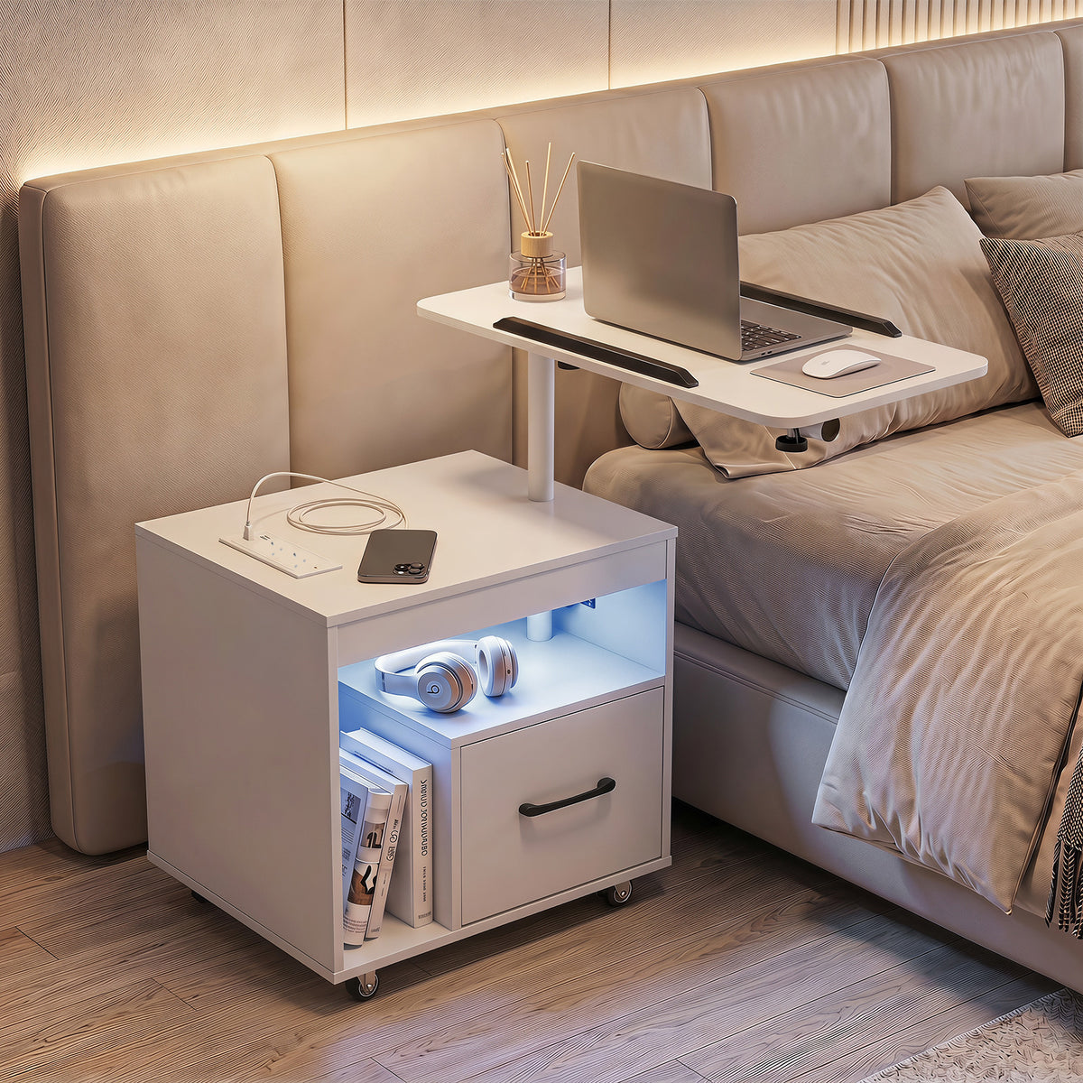 Nightstand with Charging Station and Rotatable Tabletop on Wheels for Bedroom-White