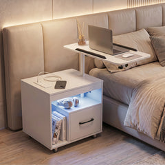 Nightstand with Charging Station and Rotatable Tabletop on Wheels for Bedroom-White