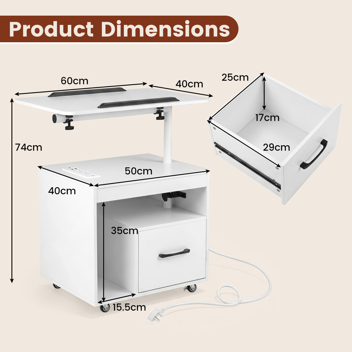 Nightstand with Charging Station and Rotatable Tabletop on Wheels for Bedroom-White