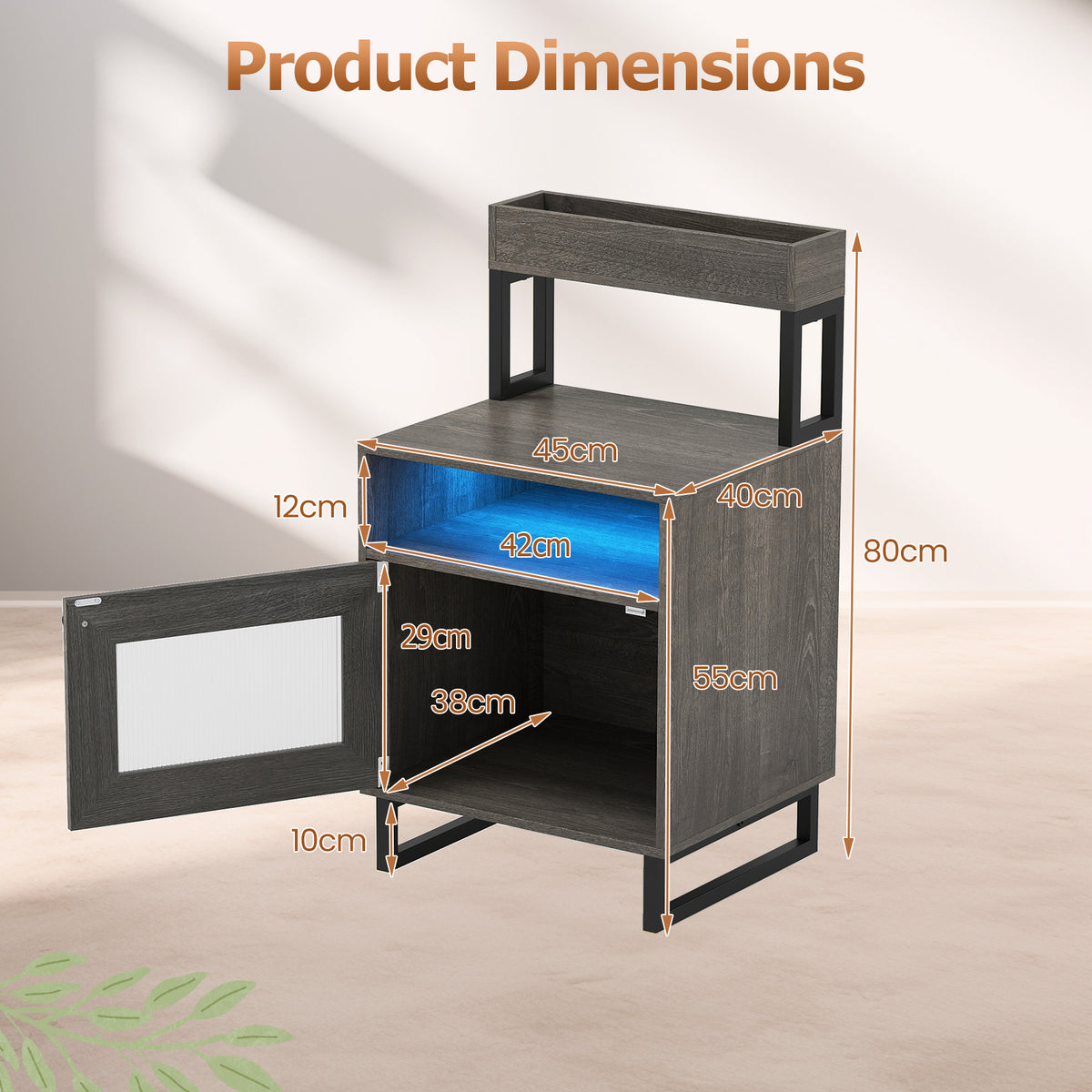 Nightstand with LED Lights Modern End Table with Top Tray-Grey