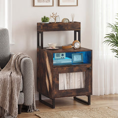 Nightstand with LED Lights Modern End Table with Top Tray-Rustic Brown