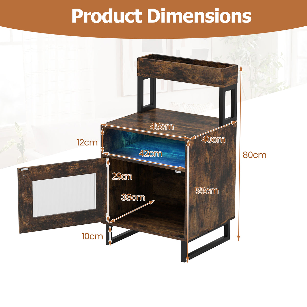 Nightstand with LED Lights Modern End Table with Top Tray-Rustic Brown