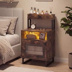 Nightstand with LED Lights Modern End Table with Top Tray-Rustic Brown