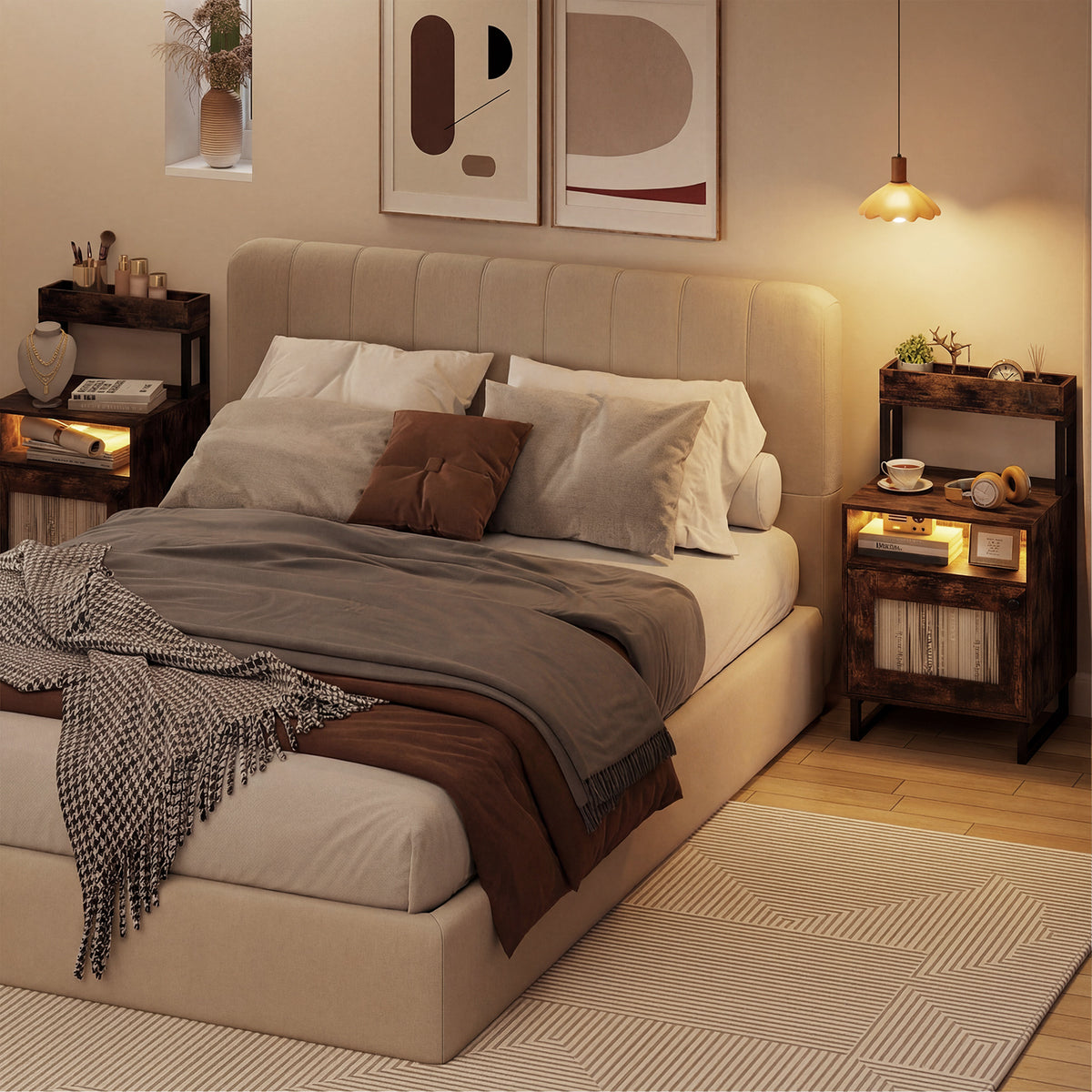 Nightstand with LED Lights Modern End Table with Top Tray-Rustic Brown