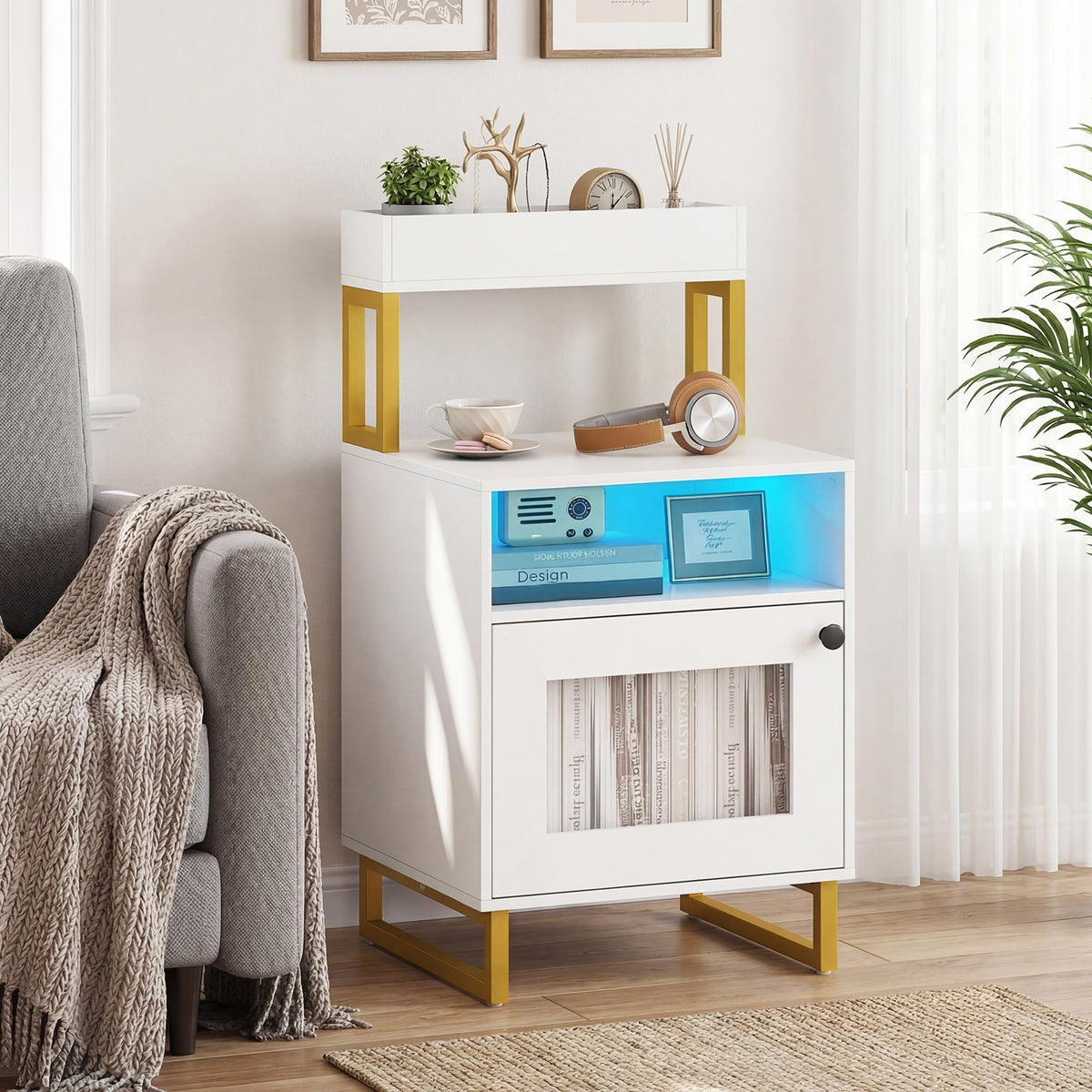 Nightstand with LED Lights Modern End Table with Top Tray-White