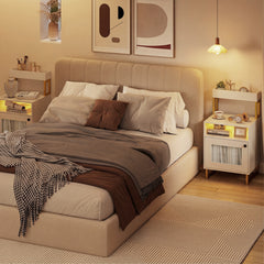 Nightstand with LED Lights Modern End Table with Top Tray-White