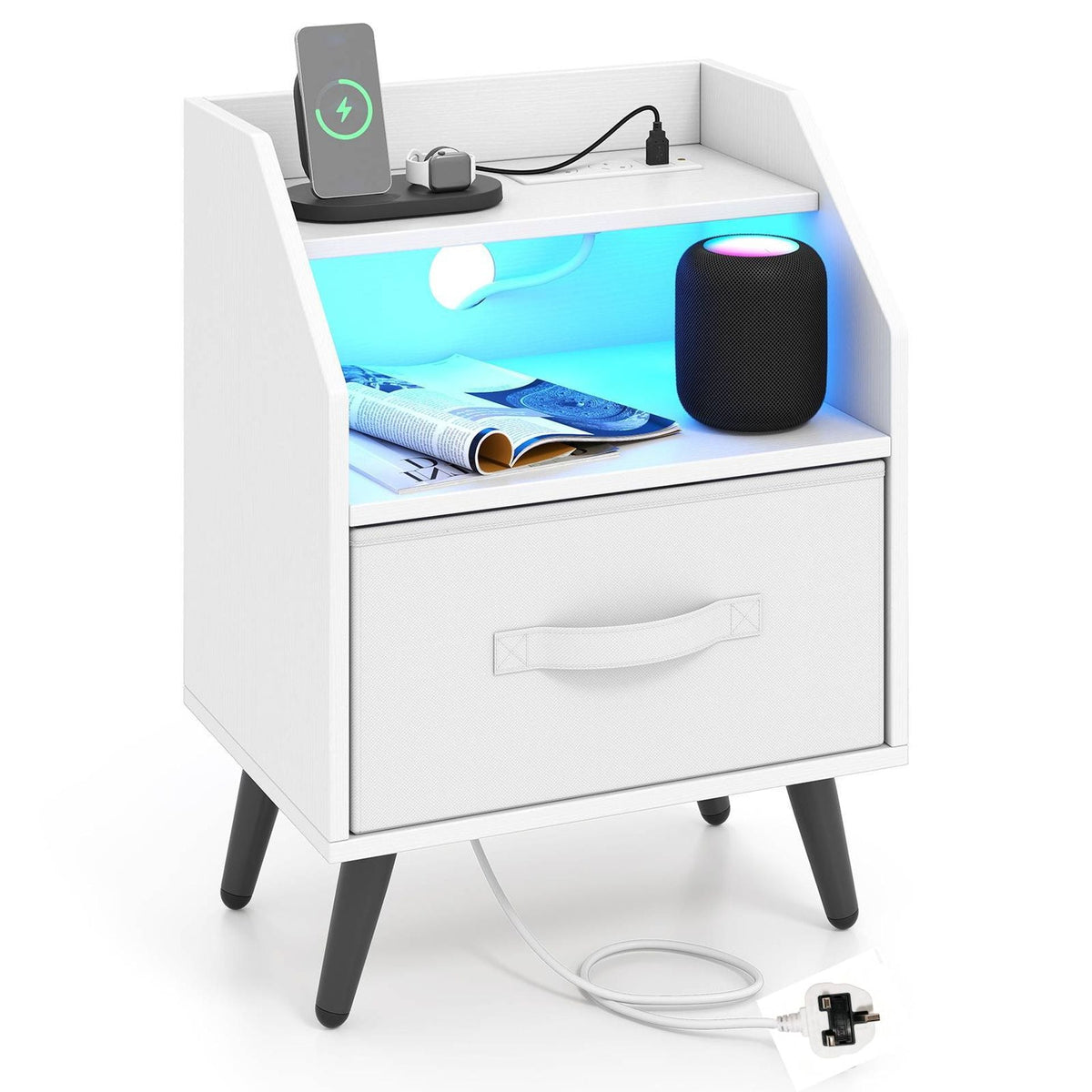 Nightstand with LED Lights and Power Outlets for Living Room Bedroom-White
