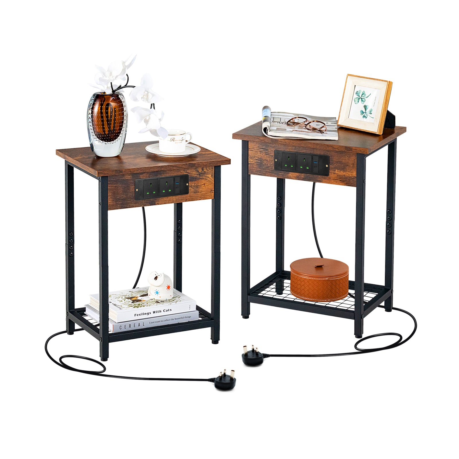 Nightstand Set of 2 with Charging Station and Open Shelf