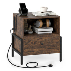 Nightstand with Charging Station 3-Tier Bedside Table with Drawer-Brown