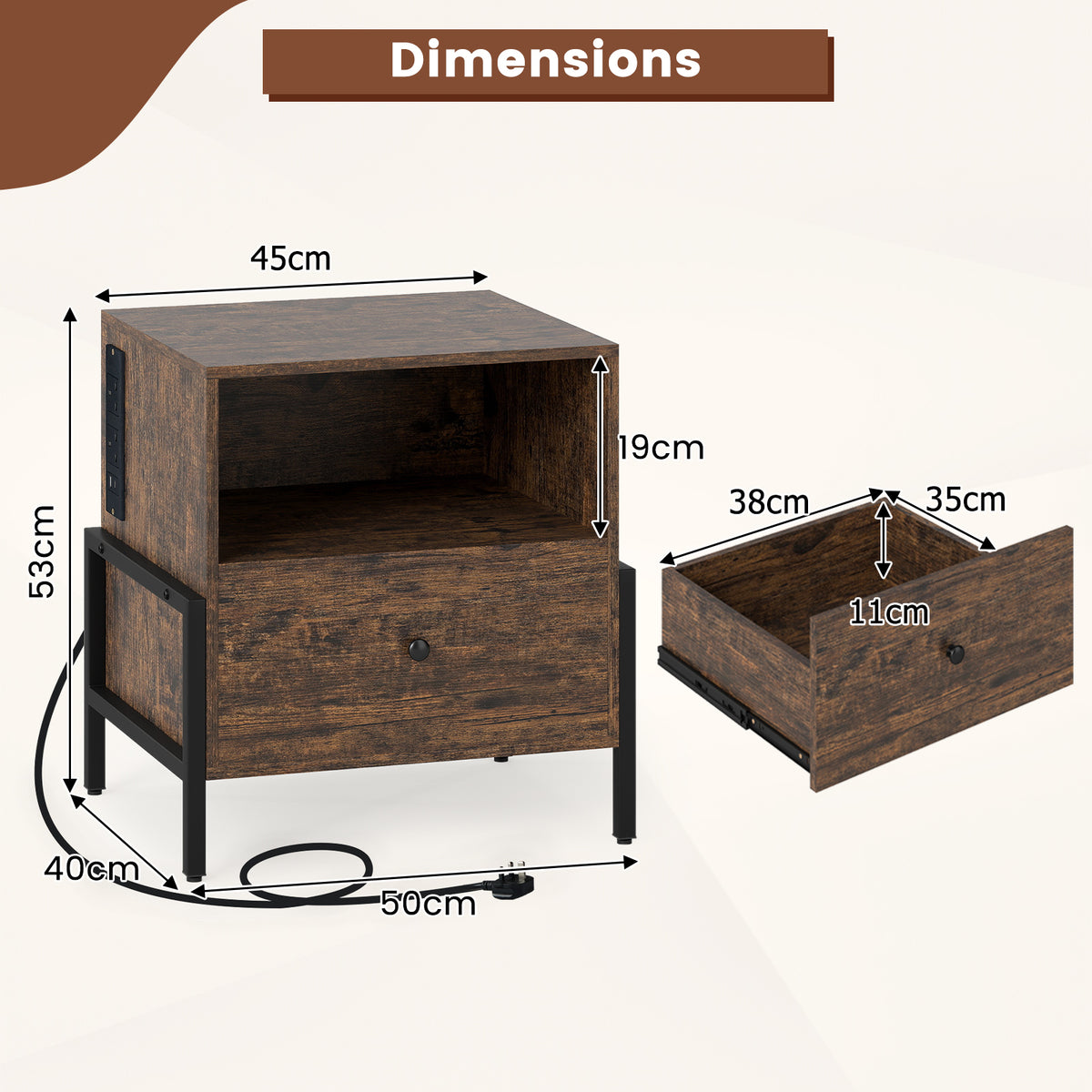 Nightstand with Charging Station 3-Tier Bedside Table with Drawer-Brown