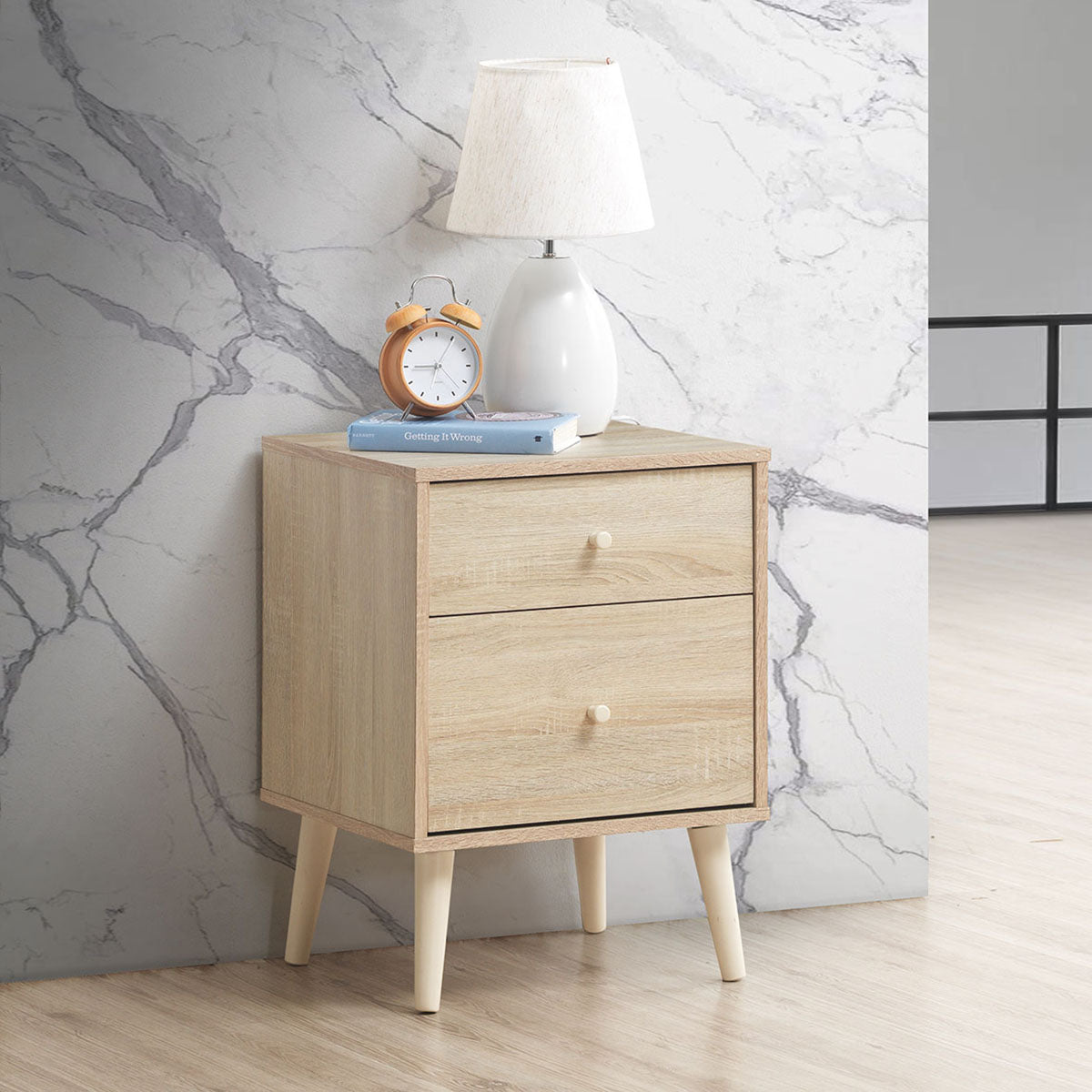 2-Drawer Nightstand with Solid Rubber Wood Legs and Large Storage Space-Natural