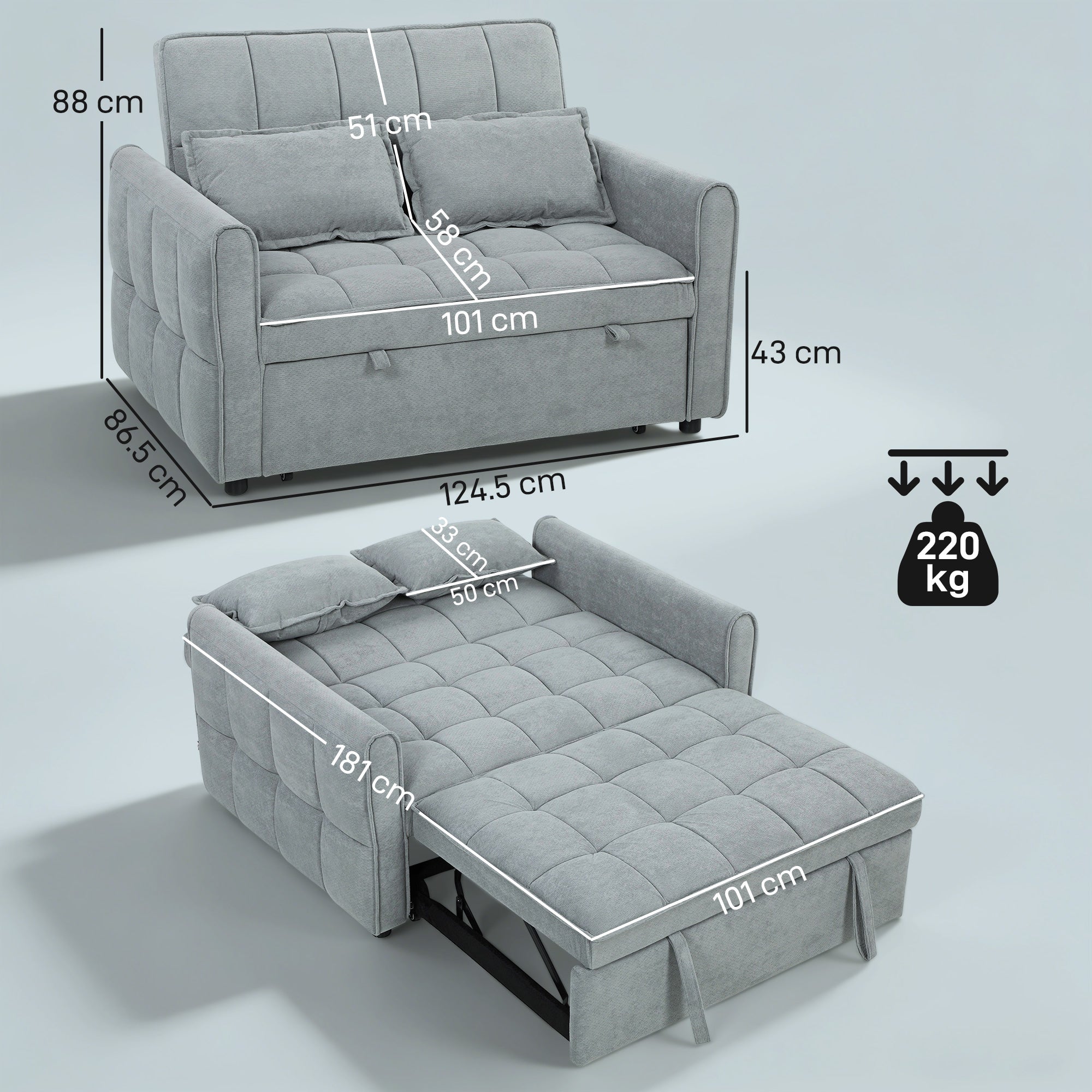 HOMCOM 2 Seater Sofa Bed, 3-in-1 Convertible Sleeper Sofa with Click-clack Adjustable Backrest and 2 Pillows, Grey