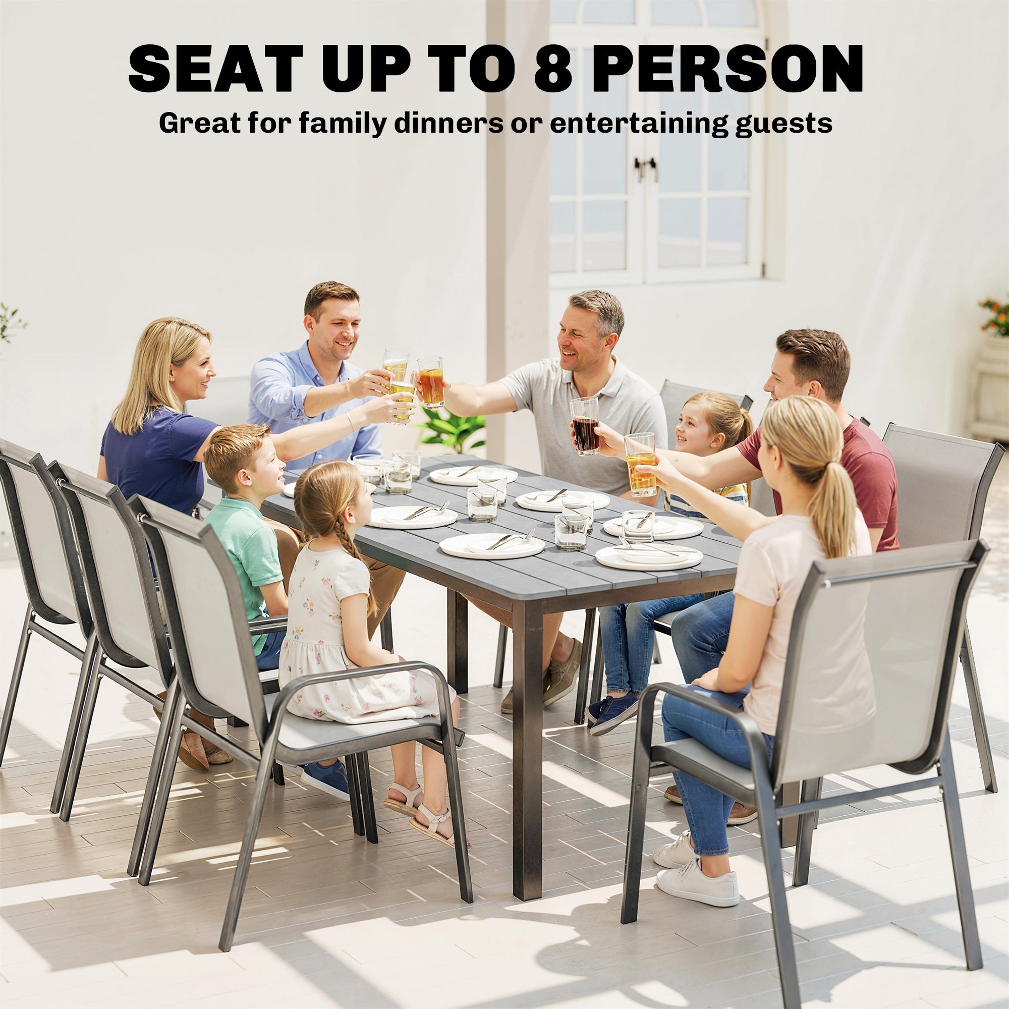 Outsunny Garden Dining Table for 6-8 Person, 180 x 86 cm Rectangular Outdoor Dining Table with Wood Slatted Top, Grey