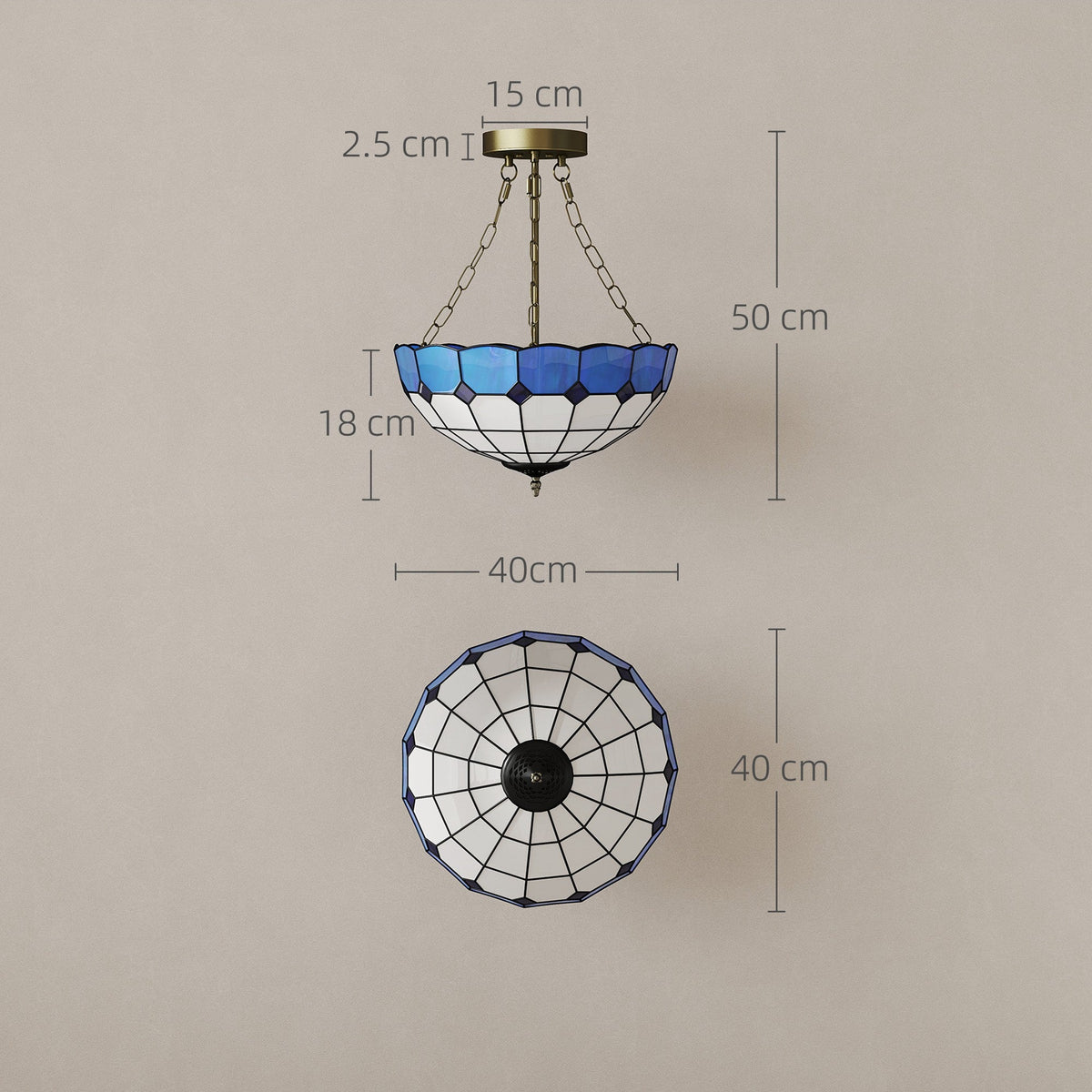 HOMCOM Tiffany Style Ceiling Light, Vintage Chandelier with 3 E27 Sockets, Semi Flush Mount for Living Room, Bulbs Not Included