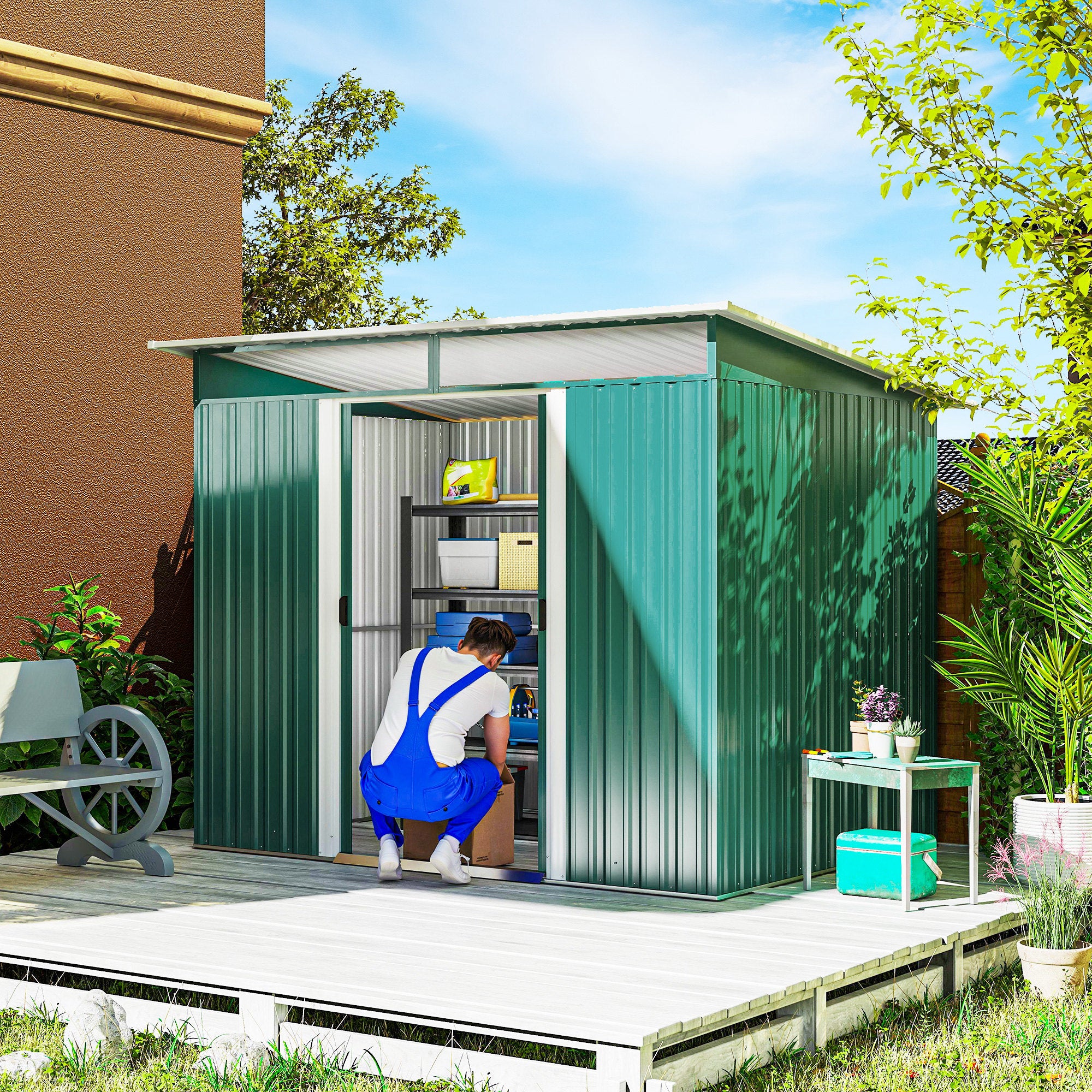 Outsunny 8.5 x 6ft Metal Shed with Lightsky Panels, Garden Storage Tool House with Double Doors for Garden, Patio and Lawn, Green