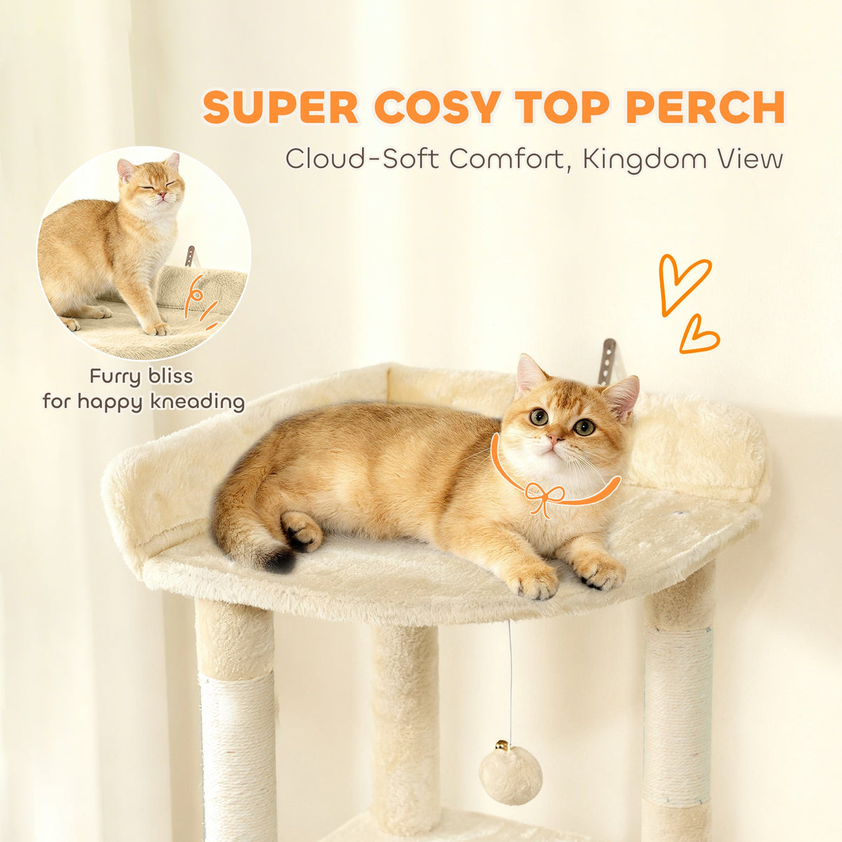 PawHut 170 cm Large Cat Tree, Cat Tower with 7 Scratching Posts, Tunnel, 2 Condos, Hammock, Perch, Ramp, Pompoms, Beige